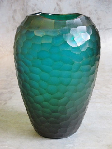 Organic carved glass vase ø 23 x H 34 turquois